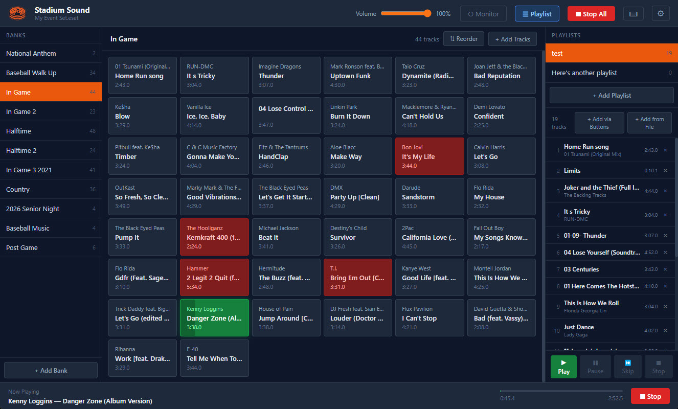 Stadium Sound app showing the In Game bank with rows of tracks and one playing